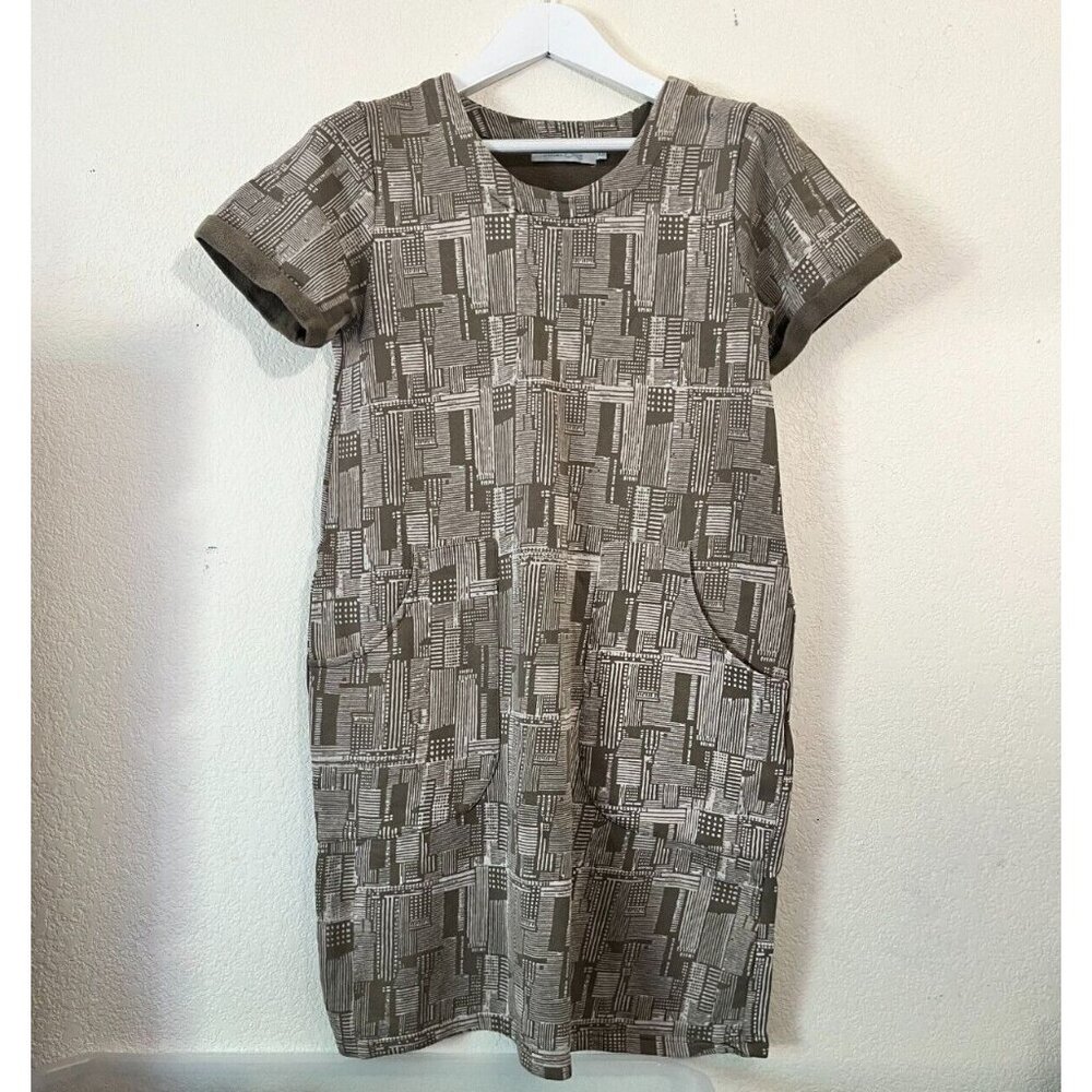 Passion Lilie Organic Fleece Olive Green Geometric Print T-Shirt Dress Size XS